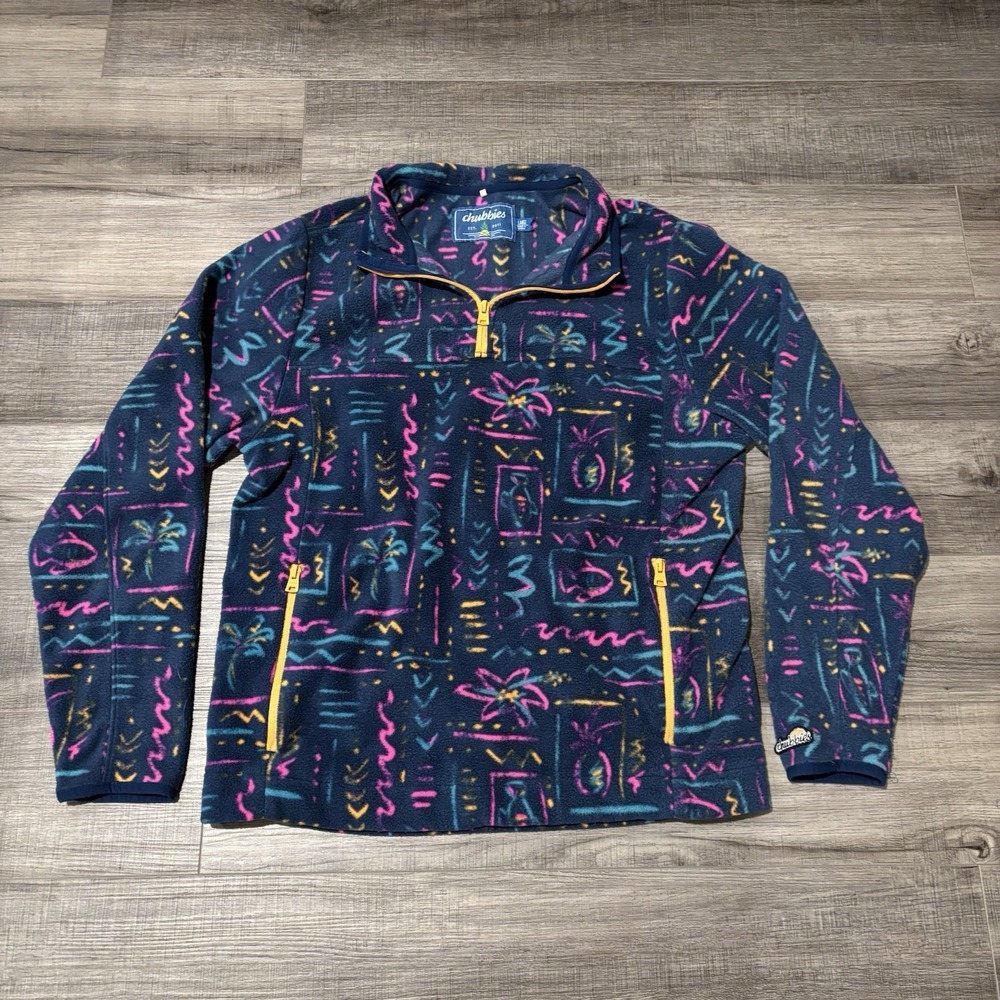 Chubbies Pullover Mens Large Quarter Zip Fleece Neon Fish Beach Tropical Casual